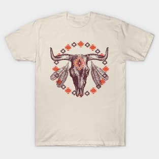 Southwestern Bull Cow Skull BOHO Feathers Aztec T-Shirt